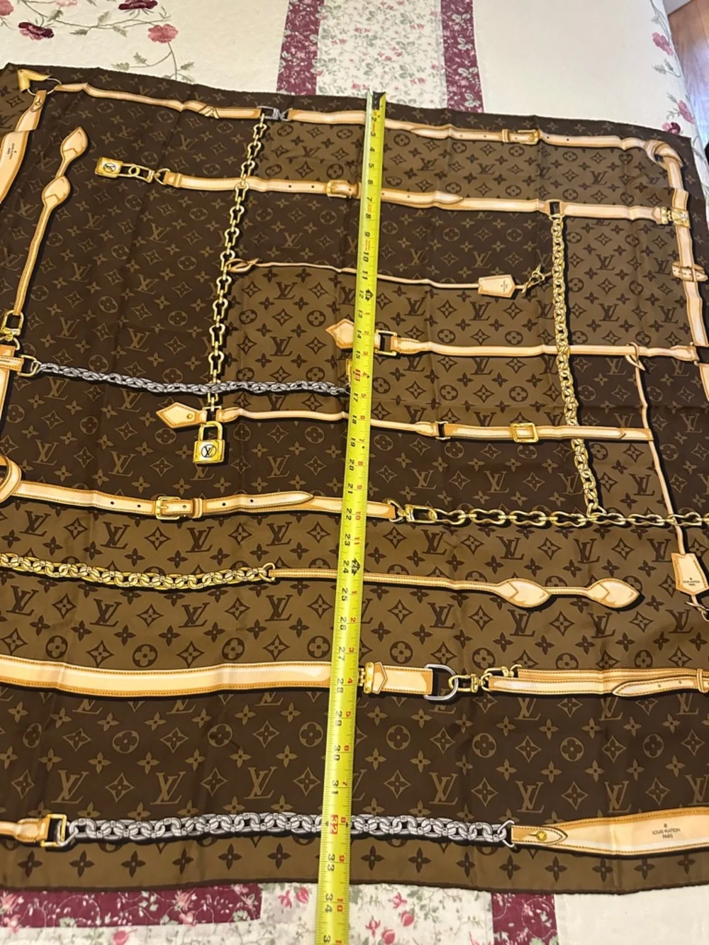 Louis Vuitton Brown and Tan Monogram Silk Scarf with Gold Chain Motif - Picture 3 of 5